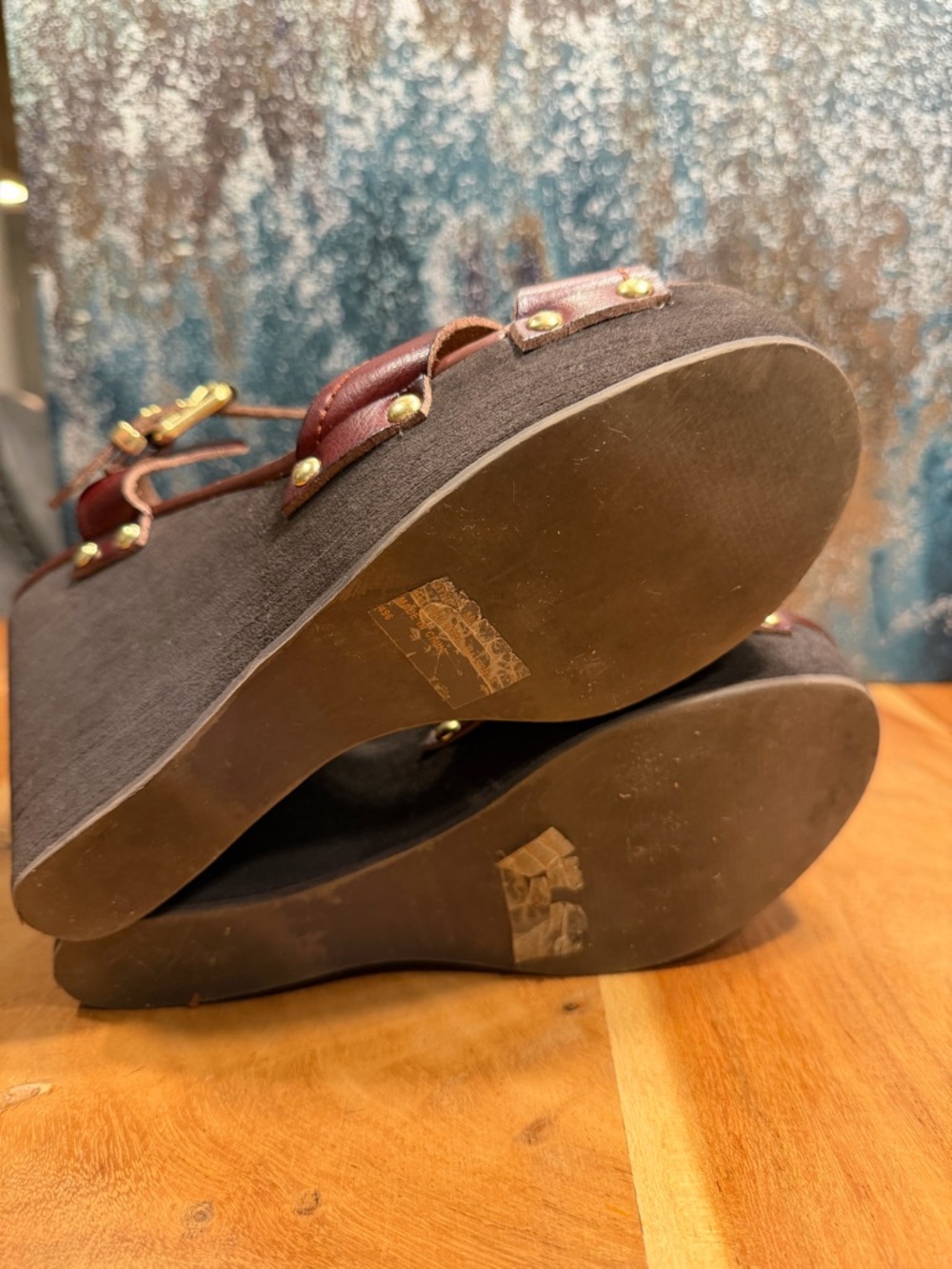 Steve Madden mid 2010s boho leather platform wedge sandals burgundy 9 FAIR - Picture 11 of 16